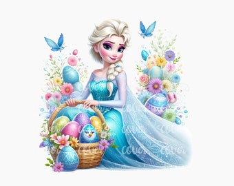 Puede incluir: Una muñeca de princesa de pelo azul sosteniendo una cesta de huevos de Pascua coloridos. La cesta está rodeada de flores y mariposas.