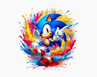May include: Sonic the Hedgehog, a blue cartoon character with red shoes, is standing on a colorful background of paint splatters. He is pointing to the right with his right hand.