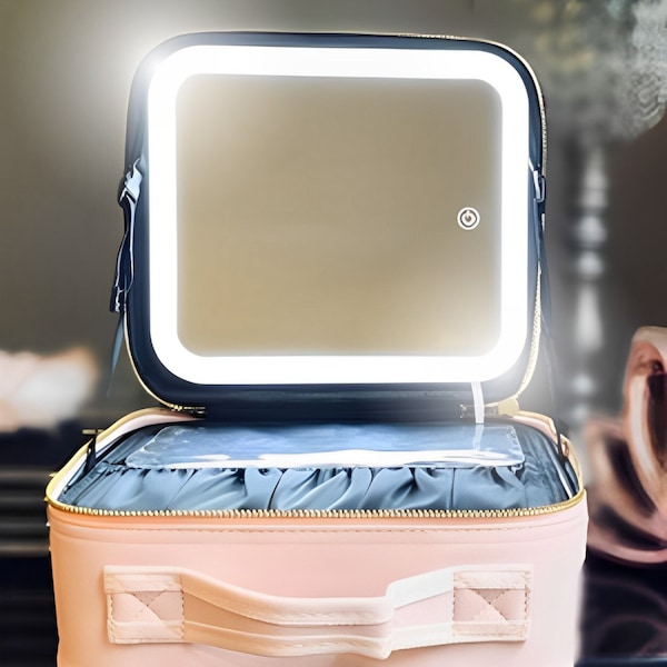 GlowandGo Glam Case: Travel Makeup Bag Cosmetic Case with LED Lights and Mirror 3 Color Settings Storage Organizer USB Included Pink