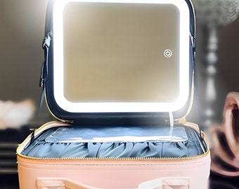 Travel Makeup Bag Cosmetic Case with LED HD Lights and Large Mirror 3 Color Settings Storage Organizer USB Included Waterproof Pink