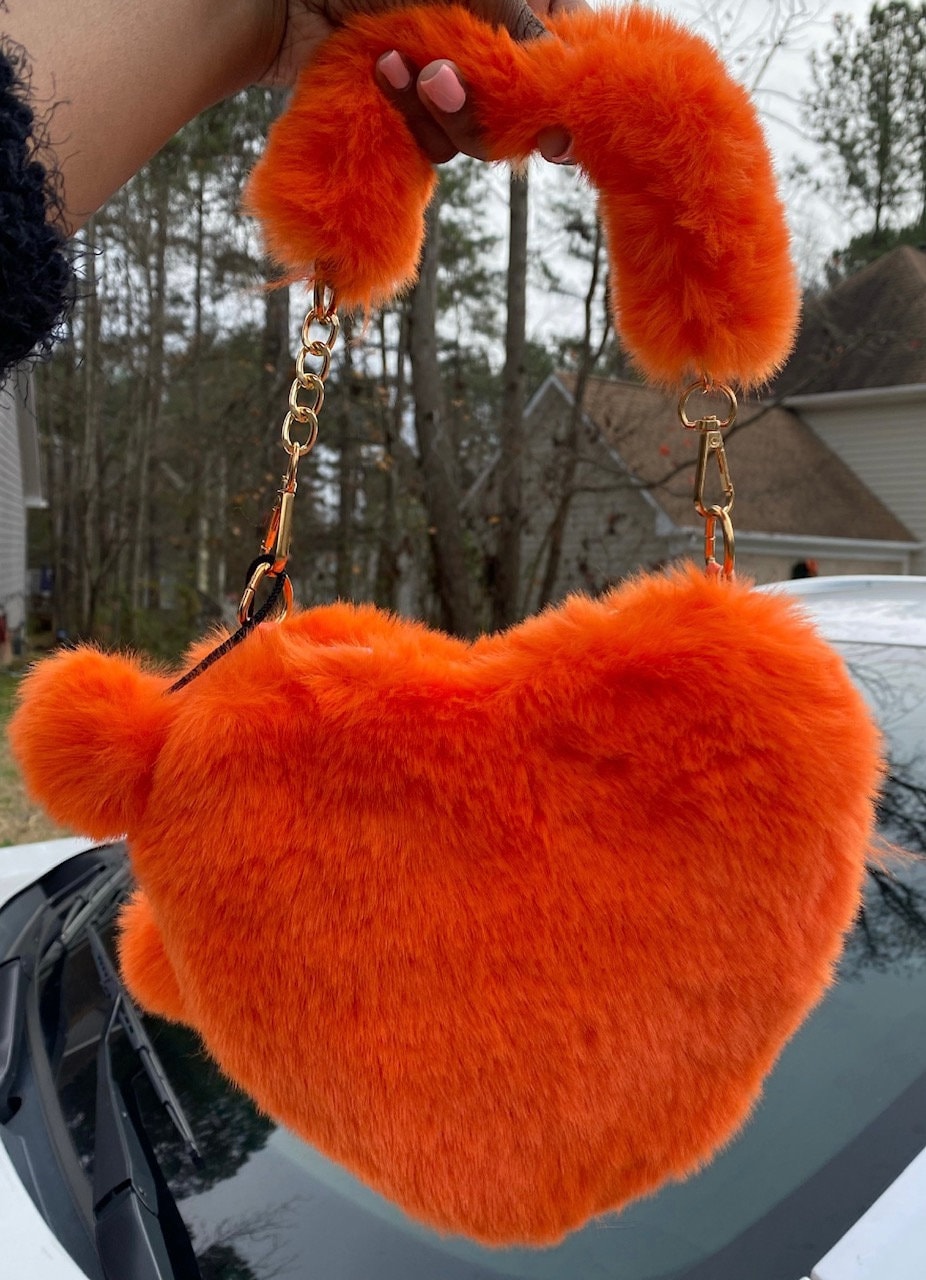 Faux Fur Plush Heart Shaped Fluffy Furry Bag Purse With Gold Chain