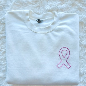 Breast Cancer Ribbon Shirt, Breast Cancer Awareness, Hand Embroidered Crewneck Sweatshirt