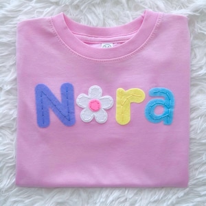 Name & Flower Hand Embroidery Over Felt Toddler T-Shirt - Embroidered Name Shirt - Kids Hand Embroidery shirt - custom toddler girl shirt