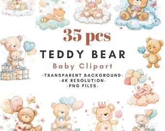 Watercolor Teddy Bear Clipart Bundle – Baby Shower PNGs (35 pcs)