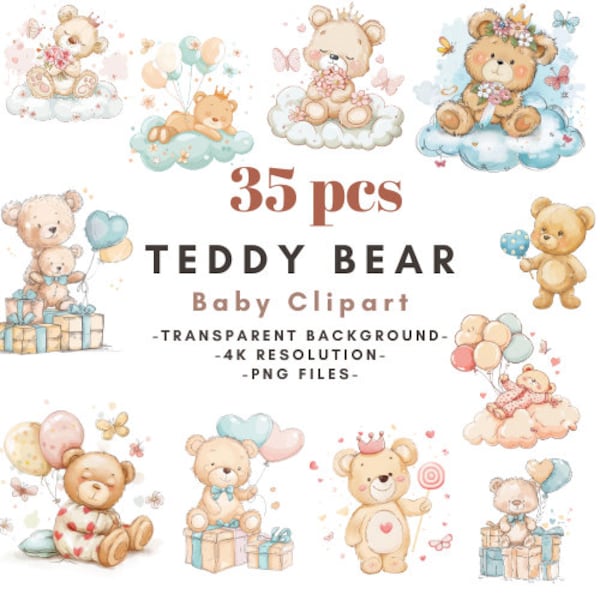 Adorable Teddy Bear Clipart Bundle for Baby Showers - Cute Girl and Boy Bears, Watercolor PNGs Watercolor Teddy Bear Bundle, Clipart Bundle