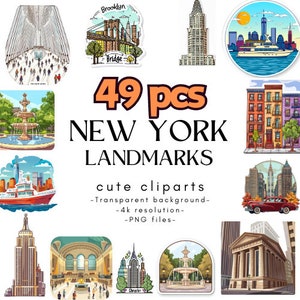 New York City cliparts|T-shirt ontwerpen|Bezienswaardigheden|4k|Transparante BG|PNG|NYC toerisme|Reizen|Voor sublimatieafdrukken|Digitaal|Download