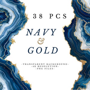 May include: 38 digital graphics featuring abstract navy blue and gold agate designs. The designs have a white background and are perfect for creating invitations, cards, and other digital projects.