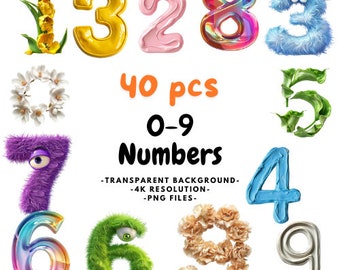 May include: A set of 40 numbers from 0 to 9, each with a different design. The numbers are made of various materials, including flowers, fur, paint, and leaves. The numbers are on a white background. 40 pcs 0-9 Numbers -TRANSPARENT BACKGROUND- -4K RESOLUTION- -PNG FILES-