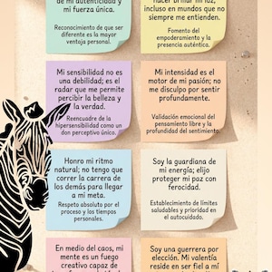 Könnte beinhalten: Ein spanischsprachiges Motivationsposter mit einer Zebra-Illustration und farbigen Haftnotizen. Die Notizen enthalten inspirierende Zitate über Selbstakzeptanz und innere Stärke. Das Design verwendet Schwarz, Weiß und Pastellfarben.