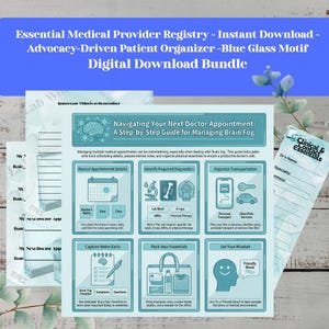 Puede incluir: Un paquete de descarga digital con un registro de proveedores médicos y un organizador de pacientes con un motivo de vidrio azul. El paquete incluye guías para gestionar citas médicas y organizar lo esencial. Incluye una tarjeta de contacto.