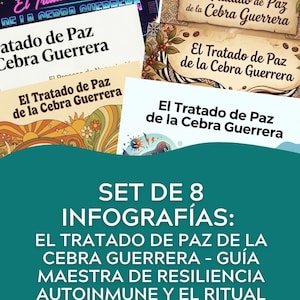 May include: A collection of eight infographics with the title "El Tratado de Paz de la Cebra Guerrera" in Spanish. The infographics feature illustrations of a zebra, coffee, and other graphics. The text "SET DE 8 INFOGRAFIAS" is also visible.