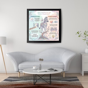 May include: Framed art print with a black frame, featuring a colorful illustration with a zebra, text, and various graphic elements. The artwork is displayed above a gray sofa and a round coffee table.