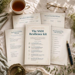 Könnte beinhalten: Eine Sammlung gedruckter Dokumente mit dem Titel The SSDI Resilience Kit, darunter ein Medical Evidence Tracker, ein Lean Living Budget Blueprint, ein Financial Hardship Call Script und ein SSDI Journey Map Color-In Tracker, arrangiert mit einem Stift und einer Brille.