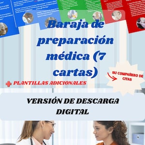 May include: Image of a medical preparation deck of cards in Spanish, with the title "Baraja de preparación médica (7 cartas)". The image also includes additional templates and a digital download version. Two women are in the foreground.