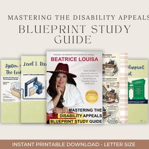 May include: A collection of study guides and a book titled "Mastering the Disability Appeals Blueprint Study Guide." The book cover features a woman wearing a hat. The guides have text including "System Architecture" and "Level 1: Reconsideration."
