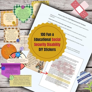 100 pegatinas para diario creativo sobre discapacidad del Seguro Social / Divertidas y educativas para ayudarte a ganar tu solicitud.