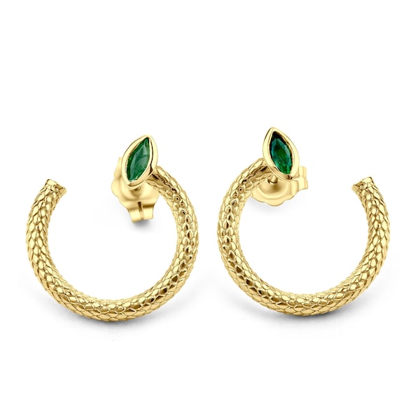 Handmade Unique Snake Skin Earrings , Bezel Set Green Marquise Emerald Earrings in 14K Solid Yellow Gold for Women, Anniversary Gift For Her