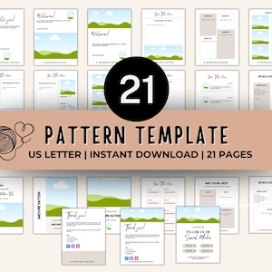 Puede incluir: Un conjunto de 21 plantillas de patrones, tamaño US Letter, disponibles para descarga instantánea. Las plantillas presentan un diseño de paisaje con colinas verdes y cielos azules, e incluyen texto como "¡Bienvenido!" y "¡Gracias!"
