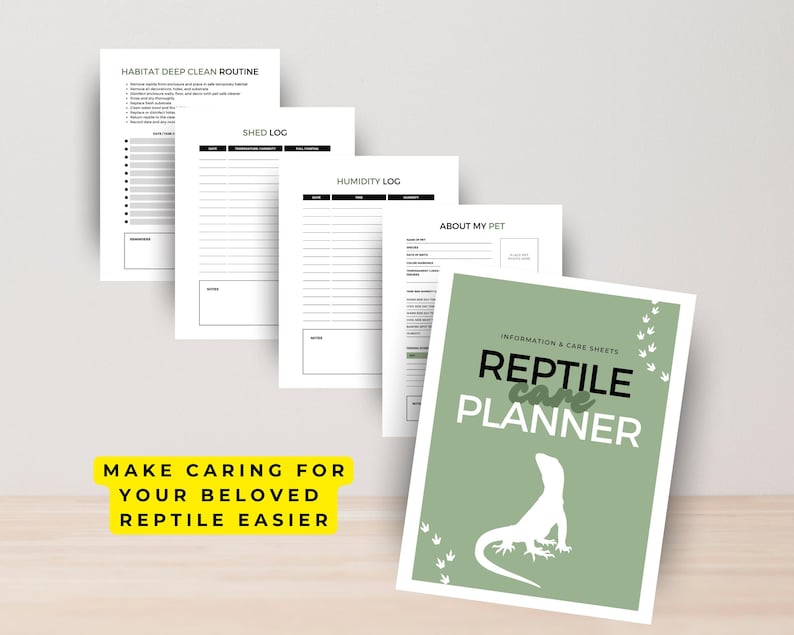 May include: A reptile care planner with information and care sheets. The cover is light green with the words "Reptile Care Planner" and a lizard illustration. Includes a "Habitat Deep Clean Routine" sheet, a "Shed Log", a "Humidity Log", and an "About My Pet" sheet.