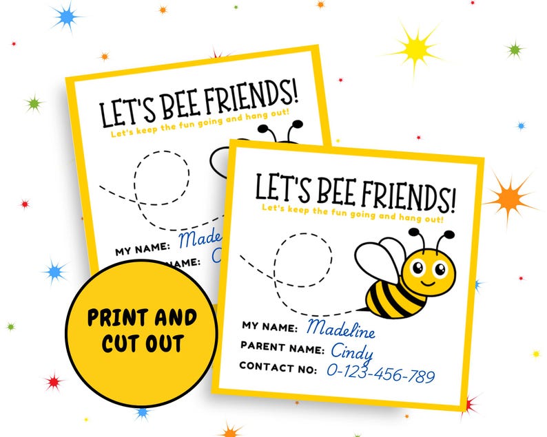 Puede incluir: Dos tarjetas imprimibles amarillas y blancas con el texto "Let's Bee Friends!" y una ilustraci&oacute;n de abeja. Las tarjetas tienen espacio para un nombre, un nombre de padre y un n&uacute;mero de contacto. El texto "Imprime y recorta" est&aacute; en una de las tarjetas.