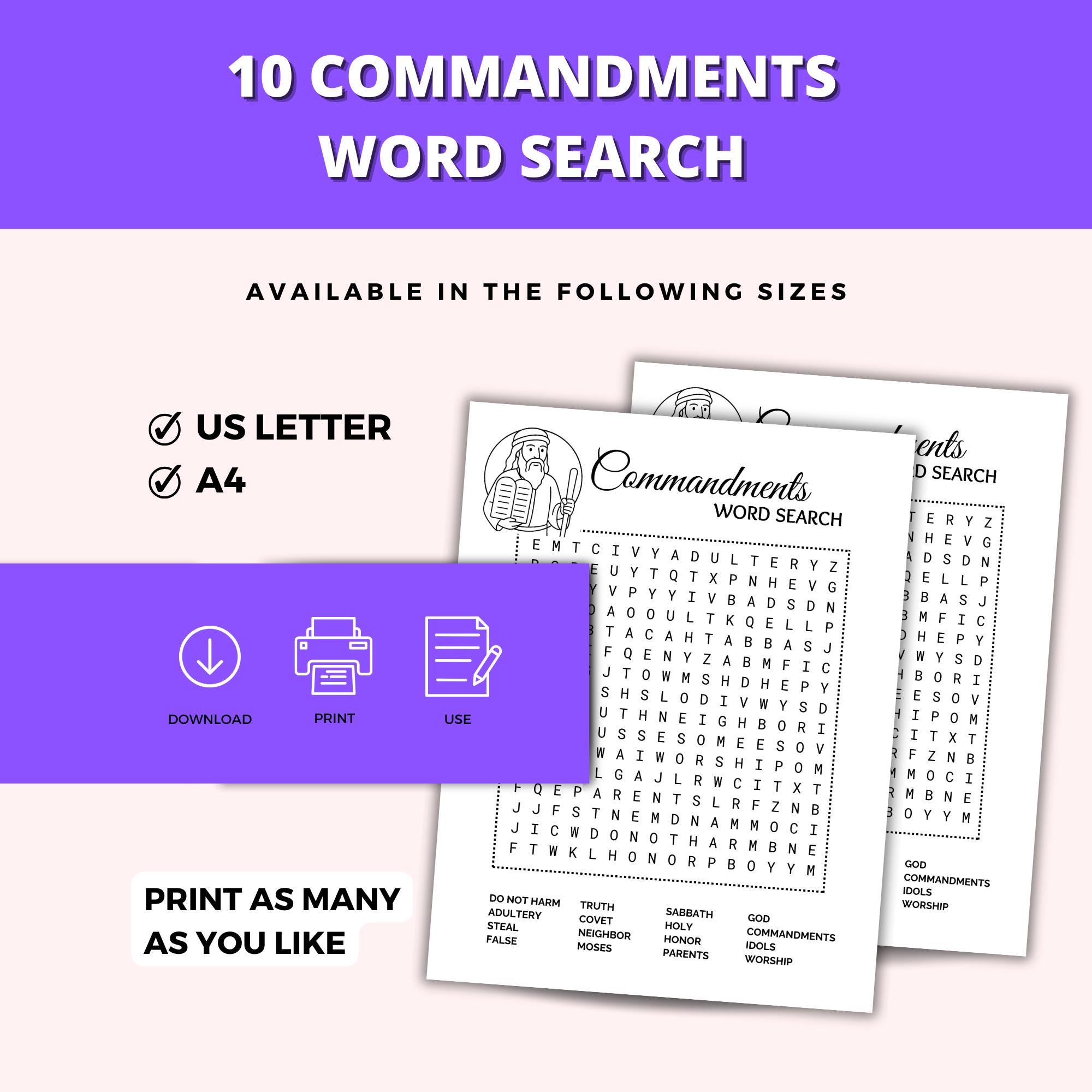 Ten Commandments Word Search Printable, 10 Commandments Bible Activity ...