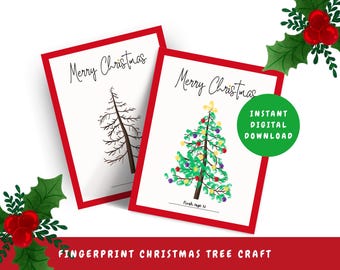 Christmas Tree Fingerprint Printable for Kids, Holiday Christmas Handprint Art Activity, DIY Thumbprint Craft, Fingerprint Christmas Lights