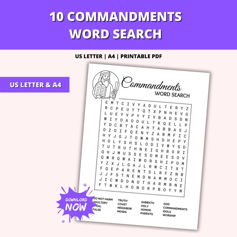 Ten Commandments Word Search Printable, 10 Commandments Bible Activity ...