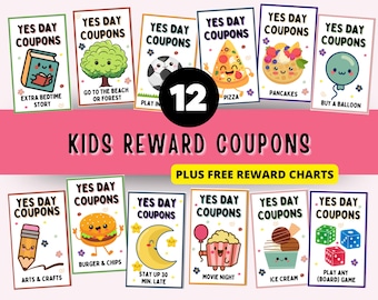 Cupones de recompensa para niños, tabla de recompensas para niños pequeños, tabla de comportamiento para niños con recompensas de cupones Yes Day, Reward Bucks, Mom Bucks