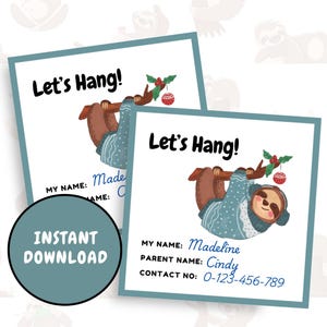 Playdate Cards Sloth Christmas Winter Let&#39;s Hang Play Date Cards Cute Kids Business Cards Kids Calling Cards Friend Playdate Invitation