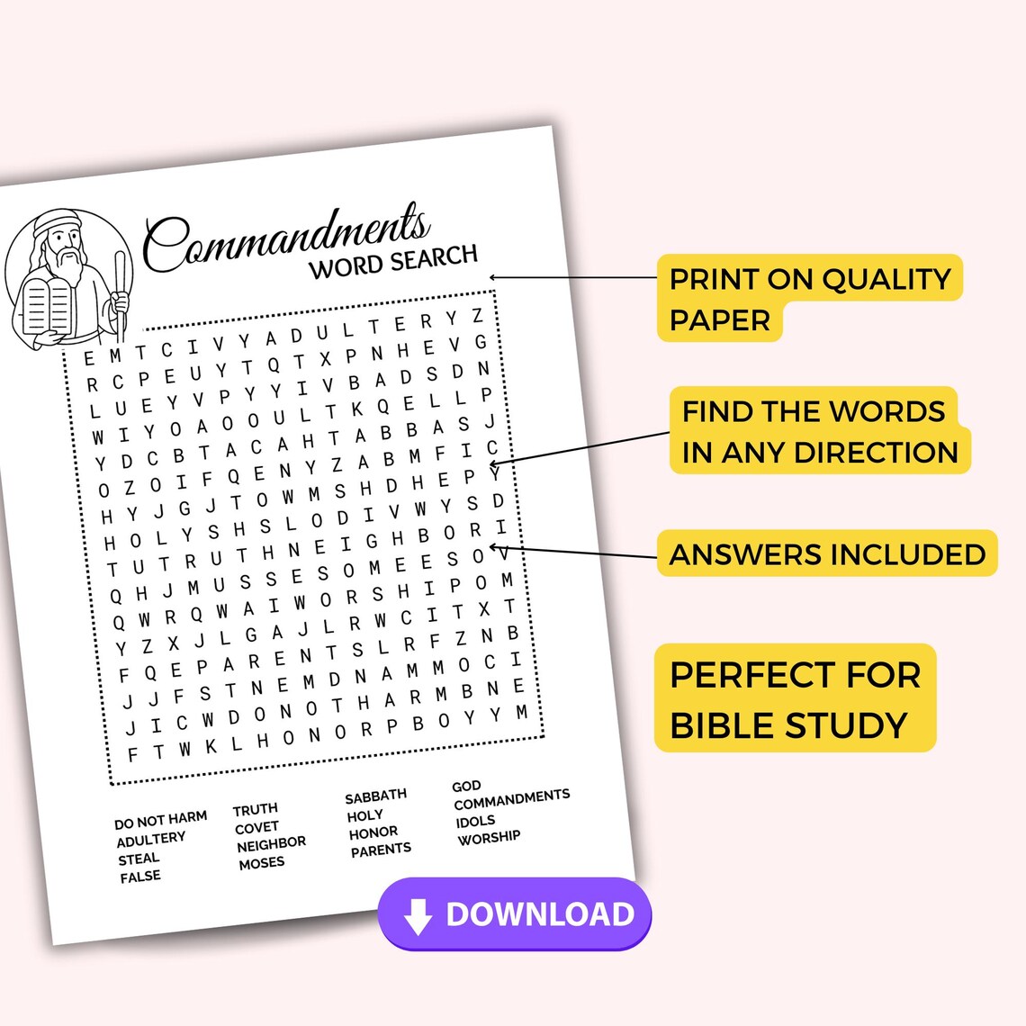Ten Commandments Word Search Printable, 10 Commandments Bible Activity ...