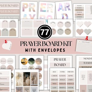 May include: A prayer board kit with envelopes, featuring various cards and stationery. The kit includes cards with inspirational words, daily prompts, and space for notes. The design incorporates neutral tones and decorative elements, with the text "Prayer Board Kit with Envelopes".