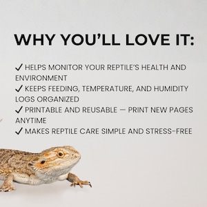 May include: A bearded dragon lizard with a tan and brown patterned body is featured in this image. Text on the image states: "Why You'll Love It: Helps monitor your reptile's health and environment."