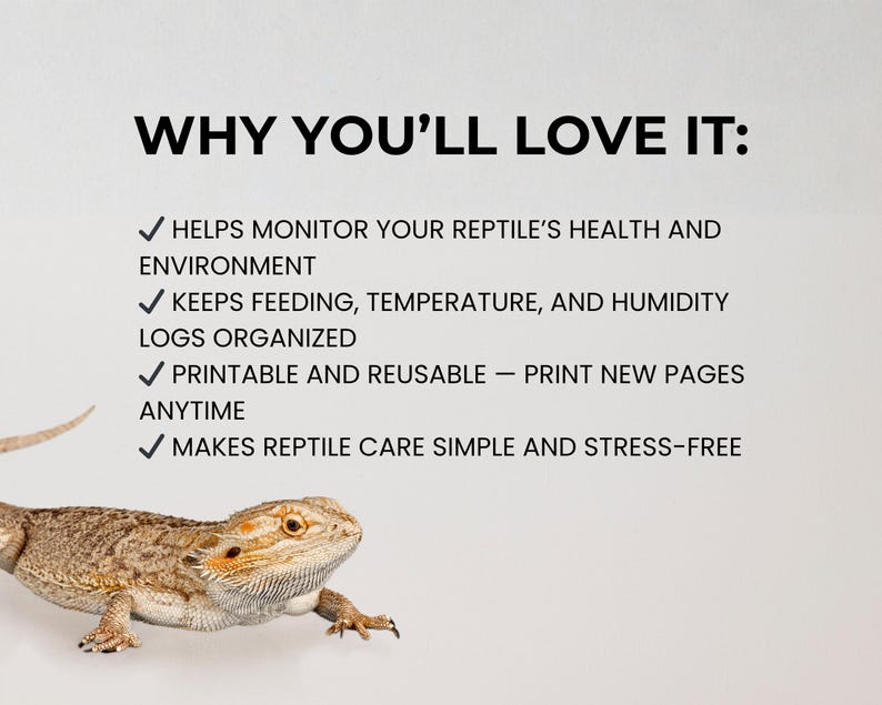 May include: A bearded dragon lizard with a tan and brown patterned body is featured in this image. Text on the image states: "Why You'll Love It: Helps monitor your reptile's health and environment."