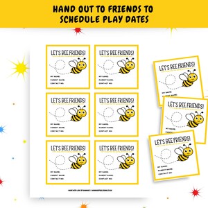 Puede incluir: Nueve tarjetas amarillas con una abeja de dibujos animados y el texto "Let's Bee Friends!" Cada tarjeta tiene un espacio para un nombre, un nombre de padre y un n&uacute;mero de contacto.
