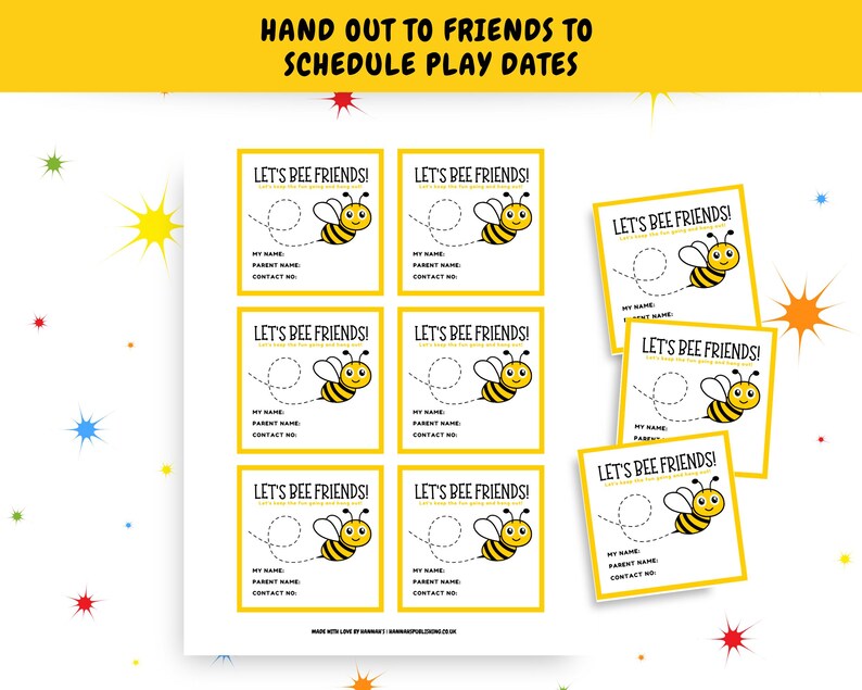 Puede incluir: Nueve tarjetas amarillas con una abeja de dibujos animados y el texto "Let's Bee Friends!" Cada tarjeta tiene un espacio para un nombre, un nombre de padre y un n&uacute;mero de contacto.