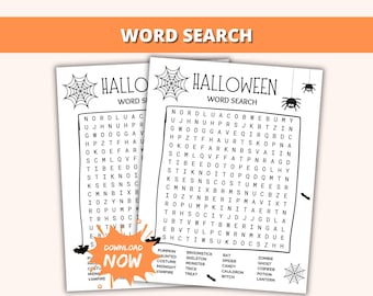 Può includere: Due puzzle di ricerca di parole a tema Halloween su carta bianca. Ogni puzzle presenta una grafica a ragnatela nella parte superiore. Un puzzle ha la parola "Halloween" in alto. L'altro ha la parola "Hallo" in alto. I puzzle hanno un elenco di parole relative ad Halloween.