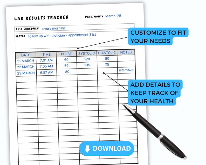 Lab Collection Log Lab Results Tracker Printable Blood Test Log PDF Medical Lab Record ...