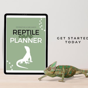 May include: A digital tablet displays a Reptile Care Planner with information and care sheets. The planner features a lizard silhouette and footprint graphics on a sage green background. A green and brown chameleon is in the foreground. Text reads: GET STARTED TODAY.
