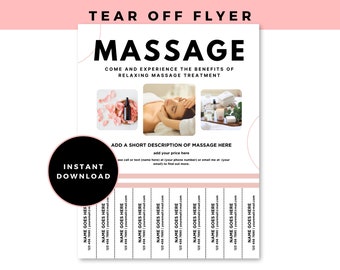 Modelli di volantini per massaggi modificabili - Volantino per attività di massaggiatore da staccare: attrai clienti e promuovi la tua attività - Download immediato
