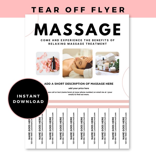 Editable Massage Flyer Templates - Massage Therapist Business Flyer Tear Off: Attract Clients & Promote Your Business - Instant Download