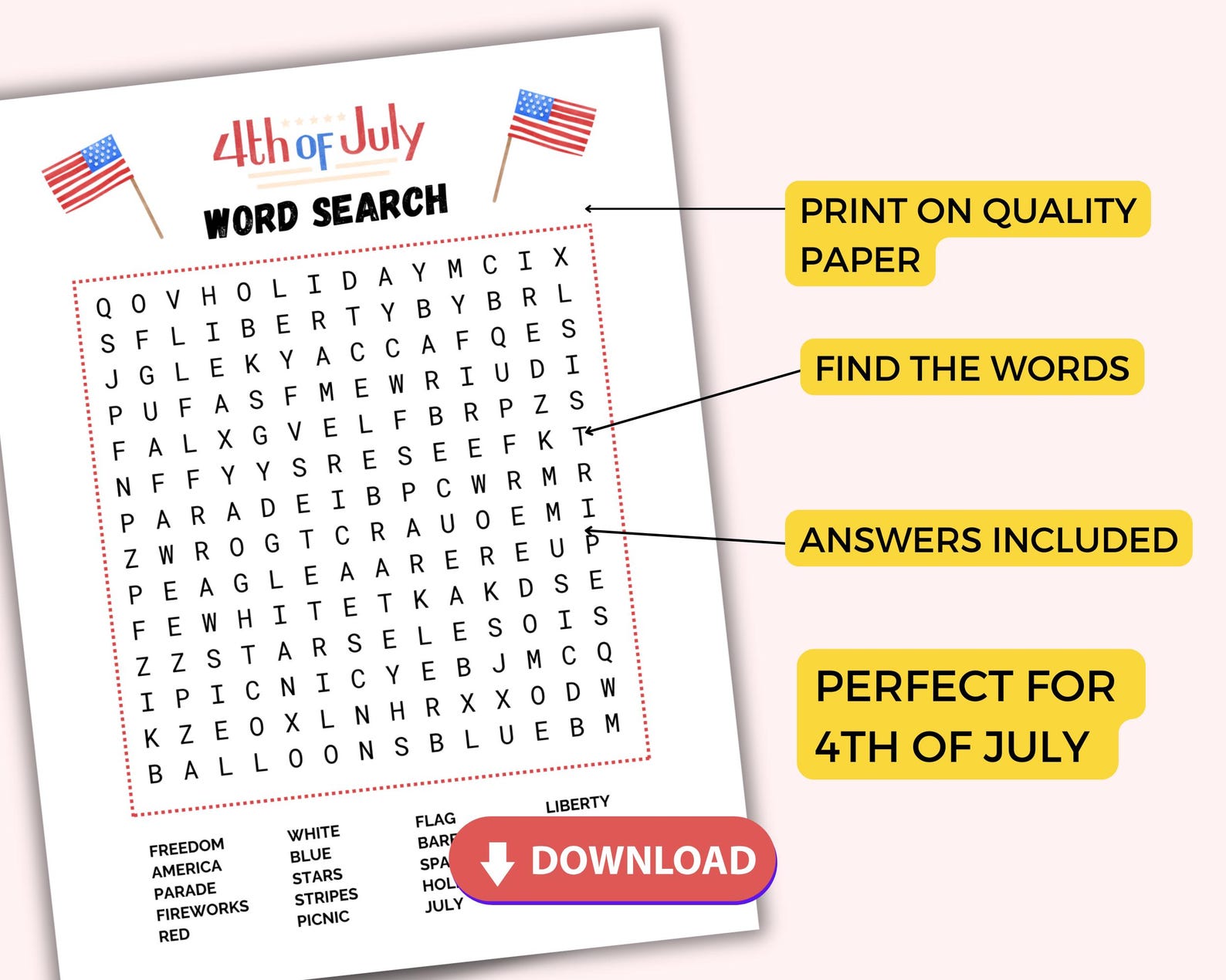 4th of July Word Search Printable | Fun Patriotic Activity for Kids