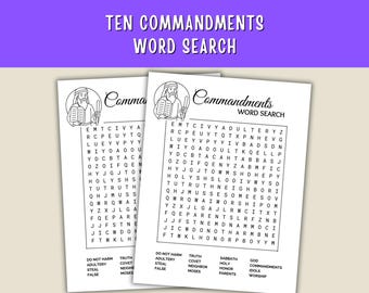 Ten Commandments Word Search Printable, 10 Commandments Bible Activity for Kids Study Bible Craft for Sunday School and Family Activities