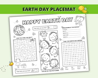 Earth Day Activities Printable Placemat, Earth Day Activity worksheet with Word Search, Coloring Page, and I Spy, Reduce Reuse Recycle