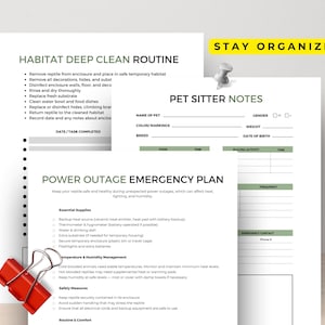 May include: A set of printable pet care sheets, including a habitat deep clean routine, pet sitter notes, and a power outage emergency plan. The sheets are designed to help organize and maintain reptile care. A red binder clip holds the pages together.