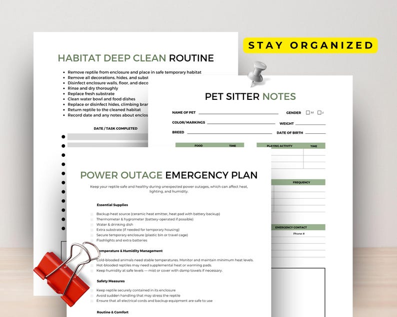 May include: A set of printable pet care sheets, including a habitat deep clean routine, pet sitter notes, and a power outage emergency plan. The sheets are designed to help organize and maintain reptile care. A red binder clip holds the pages together.