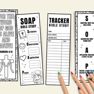 May include: Four black and white Bible study bookmarks with text and illustrations. One bookmark reads "For the Word of God is Alive and Active." Other bookmarks include "SOAP Bible Study" and "Tracker Bible Study."