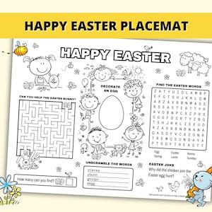May include: A black and white printable Easter placemat with activities for kids. The placemat features a maze, a word search, a word scramble, and an Easter joke. It also includes a section for decorating an egg.