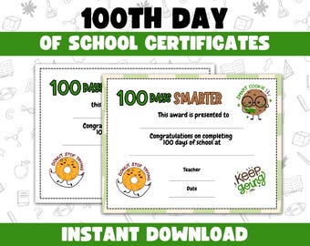 Certificado de 100 días de inteligencia, certificado de 100 días de clases con galleta inteligente verde, certificado imprimible de 100 días para preescolar