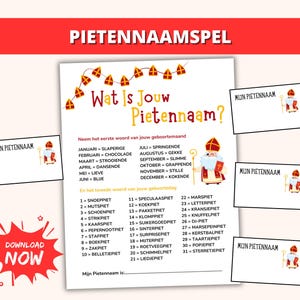 Pode incluir: Uma folha de jogo holandesa, "Pietennaamspel", com um design festivo. Apresenta listas de palavras e um espaço para um nome, além de ilustrações de uma personagem. Inclui o texto "Download Now".