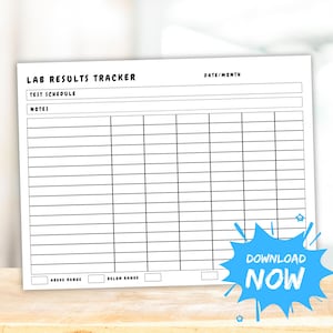 以下が含まれることがあります： 白黒のデザインの印刷可能なラボ結果トラッカー。トラッカーには、日付、テストスケジュール、メモ、結果のセクションがあります。また、結果が範囲内か範囲外かを表すセクションも含まれています。